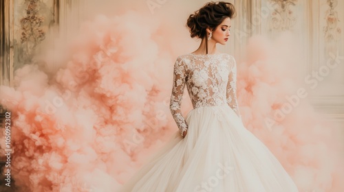 A stunning bride in a dreamy atmosphere captivating elegance surrounded by soft pink smoke and delicate lace detailing in a timeless wedding dress