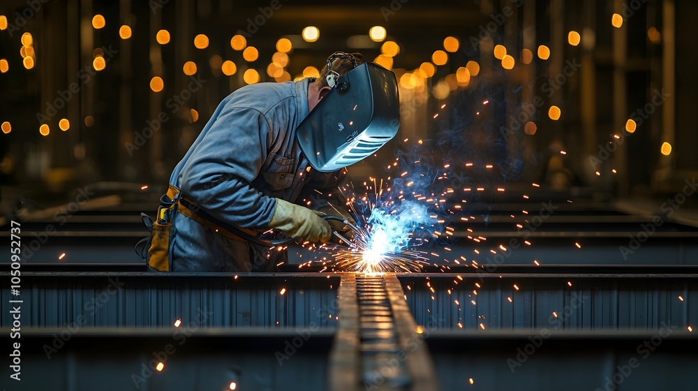 Glowing welding sparks dance through the air illuminating the skilled welder s precise work on a steel industrial structure contrasting against the dark backdrop of the workshop environment Glowing welding sparks dance through the air illuminating the skilled welder s precise work on a steel industrial structure contrasting against the dark backdrop of the workshop environment
