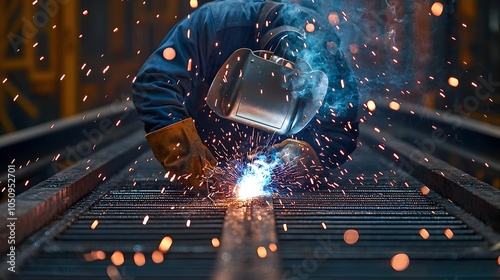 Welding sparks dance through the air illuminating the welder s precise work on a steel structure  The bright sparks contrast against the dark industrial backdrop photo