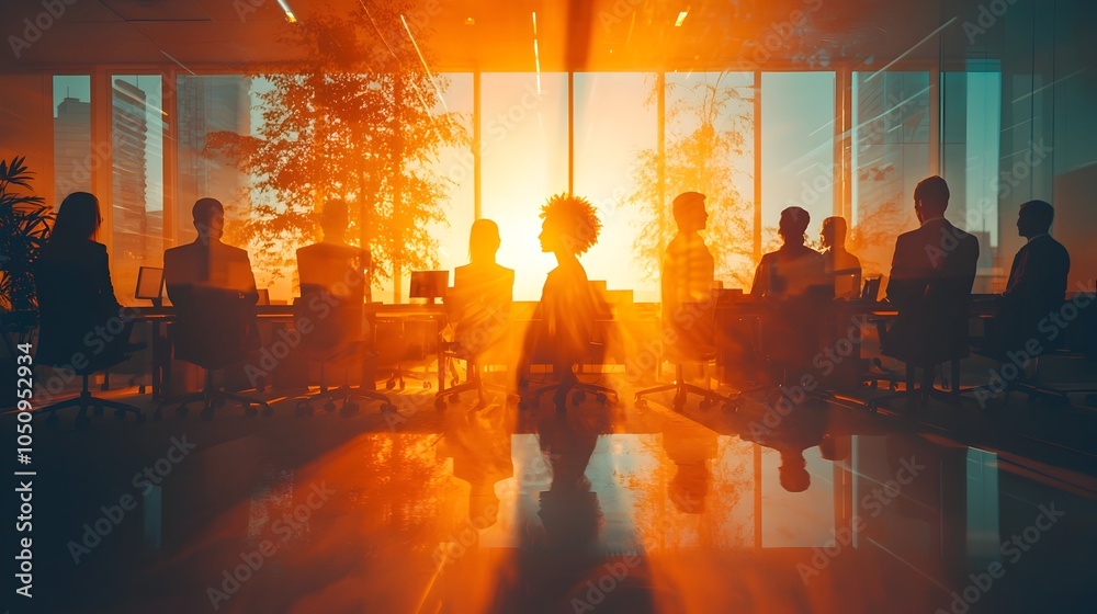 Sunlit office filled with a team of business professionals shown in double exposure to emphasize a modern corporate setting The image conveys a sense of unity synergy Sunlit office filled with a team of business professionals shown in double exposure to emphasize a modern corporate setting The image conveys a sense of unity synergy