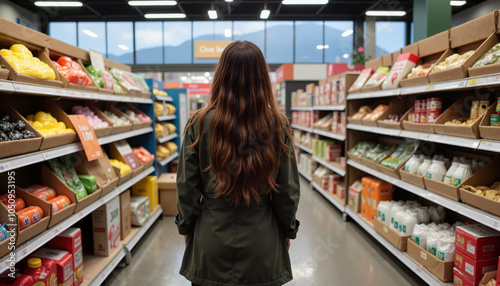 Woman shopping in grocery store aisle with stocked shelves