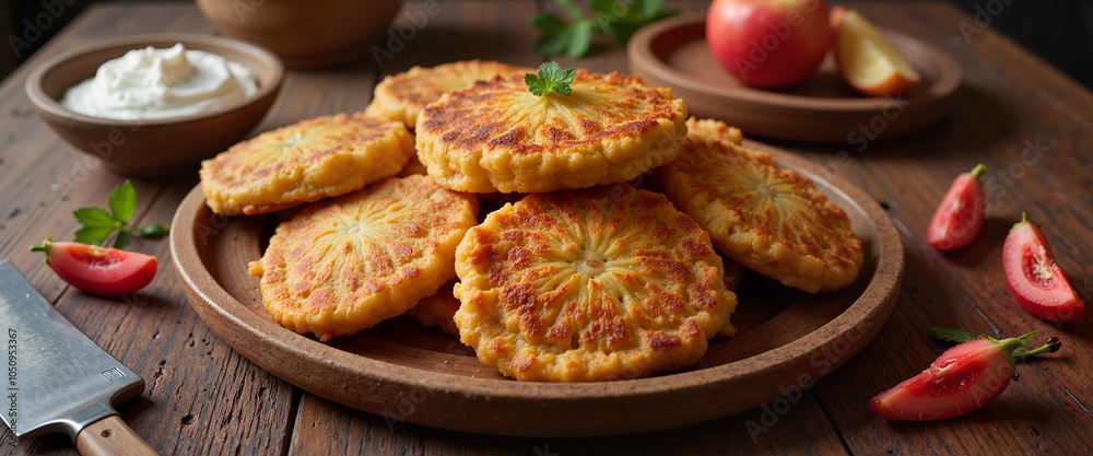 Golden cheese pancakes with tomatoes on wooden plate Golden cheese pancakes with tomatoes on wooden plate