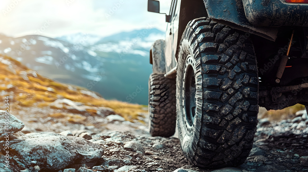 Close up of off road vehicle tires on rocky terrain, showcasing ruggedness and adventure Close up of off road vehicle tires on rocky terrain, showcasing ruggedness and adventure
