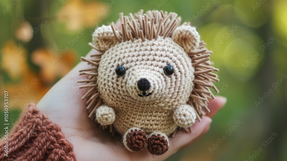 A small, well-crafted crocheted hedgehog nestles comfortably in someone's hand, representing tenderness and exquisite handmade artistry. A small, well-crafted crocheted hedgehog nestles comfortably in someone's hand, representing tenderness and exquisite handmade artistry.