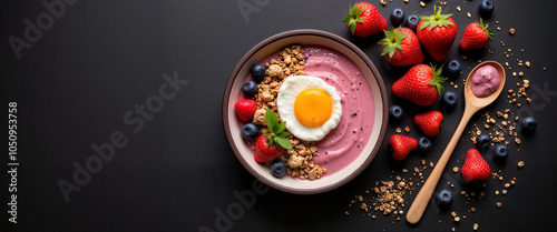 Wallpaper Mural Colorful breakfast bowl with berries and egg on dark background Torontodigital.ca