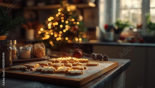 Christmas cookie decorating with glowing AR design guides, cozy kitchen setting, soft warm lighting, photorealistic