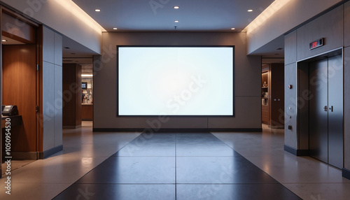 Modern office lobby with large white screen display, blank mockup for design