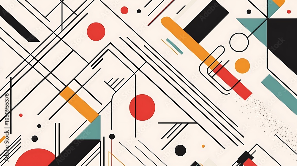 Abstract geometric pattern with lines, circles, and squares in red, blue, and orange. Abstract geometric pattern with lines, circles, and squares in red, blue, and orange.