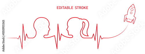 Editable red line, love couple, man, woman head, spaceship rocket line art vector. Heart rhythm ekg vector design to use for love, healthy lifestyle, emotion, romance concept illustration projects. 