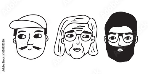 Black white hand drawn cartoon outline people heads faces. Two men with mustaches and one old woman with wrinkles and glasses. Vector line illustration on white background