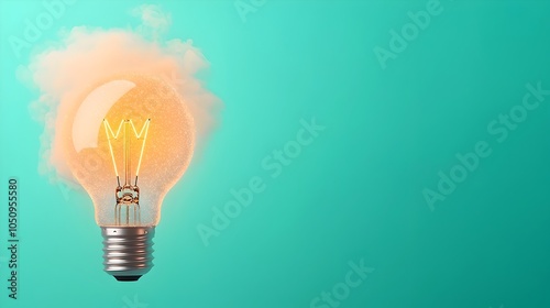 Captivating image of a glowing lightbulb encased in a mesmerizing mist of sparkling particles set against a soft gradient background