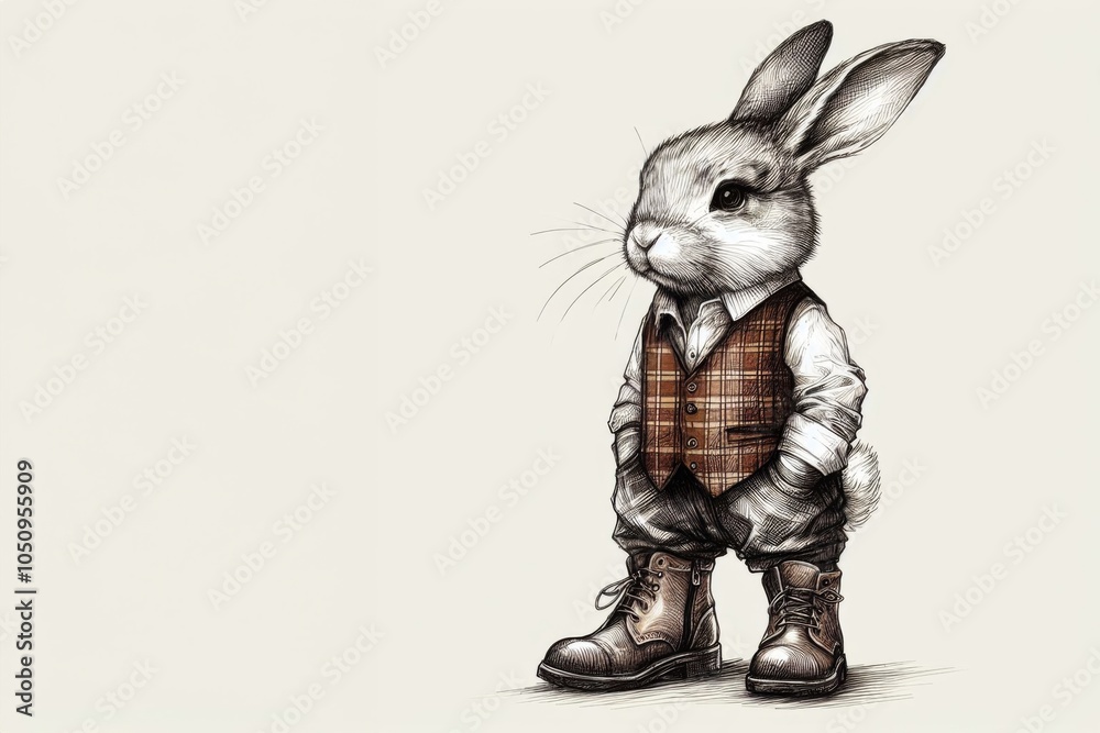 Ein niedlicher Hase / Osterhase in einer stilvollen Weste und kariertem Hemd, der kleine Stiefel trägt. Die vintage Illustration hat ausreichend Textfreiraum, ideal für eine Postkarte. Generative KI. Ein niedlicher Hase / Osterhase in einer stilvollen Weste und kariertem Hemd, der kleine Stiefel trägt. Die vintage Illustration hat ausreichend Textfreiraum, ideal für eine Postkarte. Generative KI.