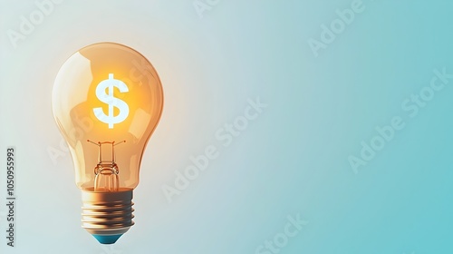 Innovative 3D digital depicting a glowing dollar sign hologram inside a lightbulb set against a modern white and blue background with copy space for text or graphics