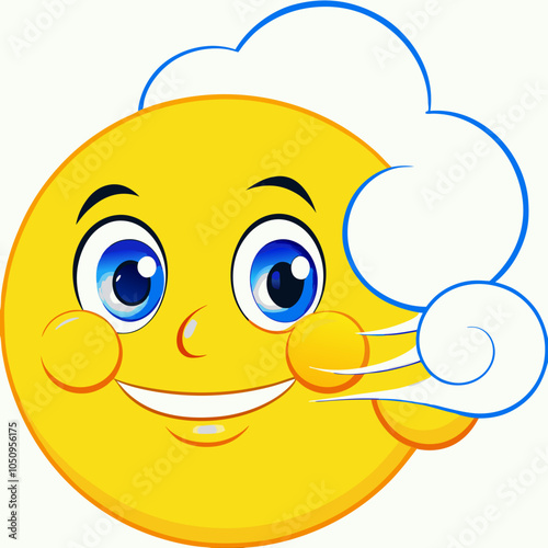 Playful sun character with wind, cheerful design, smiling face illustration, windy weather theme