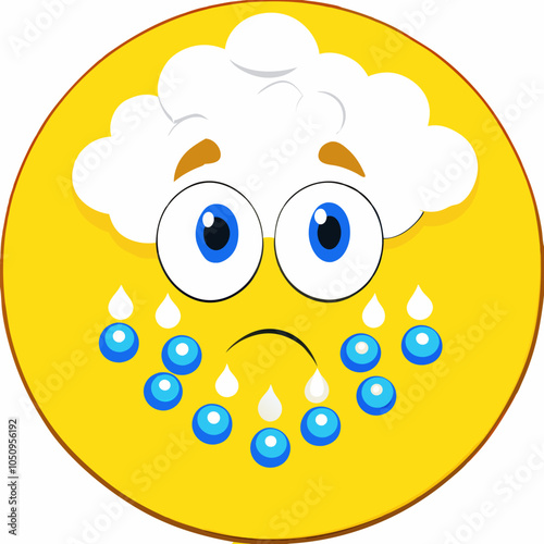  Cloud with icicles icon. Blue-eyed cloud with frozen water drops and snowflakes. Concept: winter climate UI, digital forecasting, fun kids visuals.
