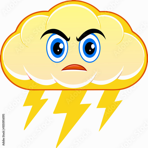 Angry cloud character with lightning, stormy weather illustration, expressive cartoon design
