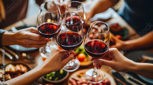 Cheers to friendship and good times with wine glasses raised at dinner!