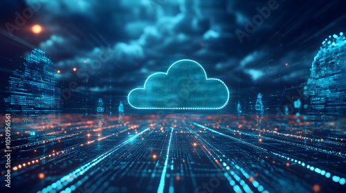 Futuristic digital landscape with glowing cloud and data lines