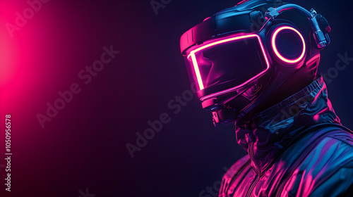 Futuristic soldier with neon lights and high tech helmet exudes striking presence photo