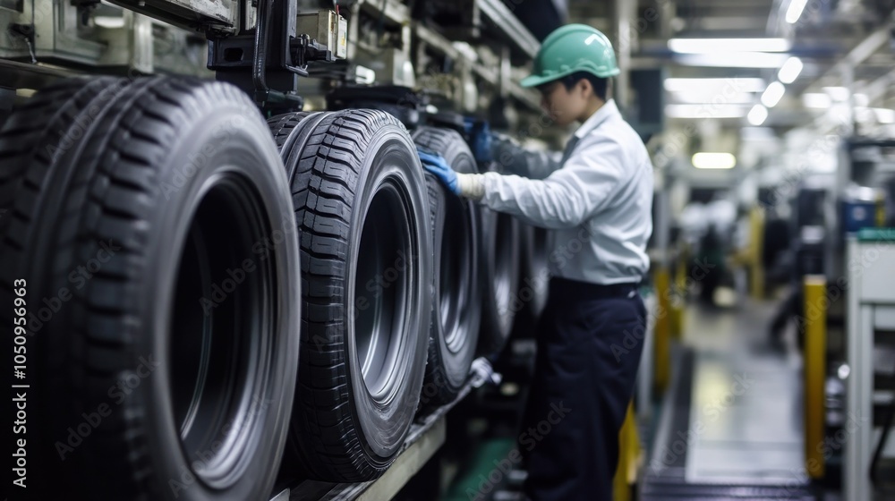 Fototapeta premium Tire Production Line: Worker Inspecting New Tires
