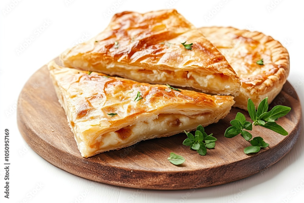 Slices of baked Round Borek cheese pie in kitchen tray with herbs. Isolated, white background Slices of baked Round Borek cheese pie in kitchen tray with herbs. Isolated, white background
