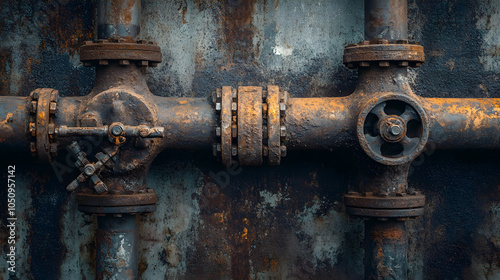 Rusty industrial steel pipes and valves create gritty atmosphere