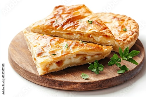 Slices of baked Round Borek cheese pie in kitchen tray with herbs. Isolated, white background 