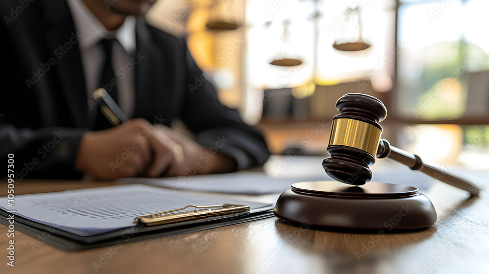 lawyer working diligently at desk with gavel and legal documents lawyer working diligently at desk with gavel and legal documents