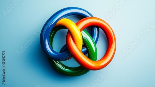 Colorful interlocking rings on a solid background, representing the interconnectedness of different identities and the strength of inclusive communities, minimalist style photo