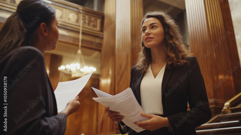 Professional female lawyers discussing documents in a grand courtroom, dressed in formal suits, focused and engaged during a legal proceeding Professional female lawyers discussing documents in a grand courtroom, dressed in formal suits, focused and engaged during a legal proceeding