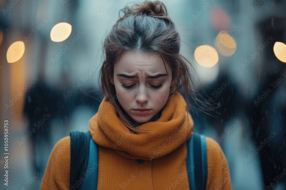 woman walking through crowded street with sad expression, wearing orange scarf and backpack. atmosphere is moody and reflective, capturing moment of solitude amidst hustle woman walking through crowded street with sad expression, wearing orange scarf and backpack. atmosphere is moody and reflective, capturing moment of solitude amidst hustle