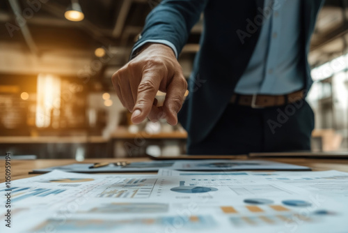 Man points at table with graphs, explaining growth data. photo