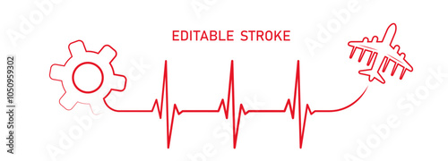 Editable lines healthy lifestyle heart rhythm illustration with airplane, gear wheel, ekg vector to use for healthcare, business idea, healthy lifestyle, brainstorm concept illustration projects. 
