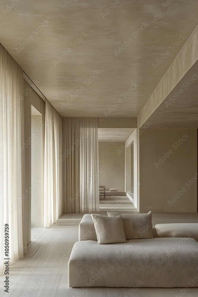 Fototapeta premium A serene, minimalist interior space with soft curtains and neutral tones.