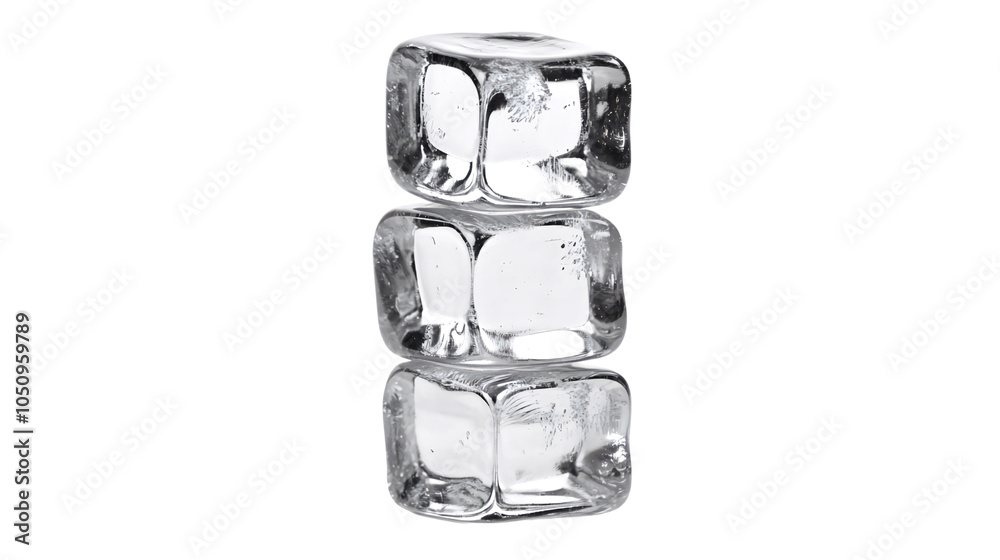 Three clear ice cubes stacked on top of each other, isolated on a white background. Generative ai Three clear ice cubes stacked on top of each other, isolated on a white background. Generative ai