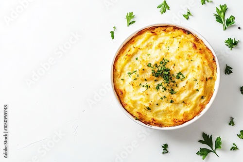 British dish Shepherd's pie with ground meat, mashed potato and cheddar cheese crust. White background. Top view. Copy space photo