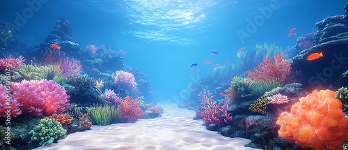 Detailed underwater scene featuring a lively coral reef with diverse tropical fish swimming among the corals, photorealistic textures, perfect for aquatic themes photo