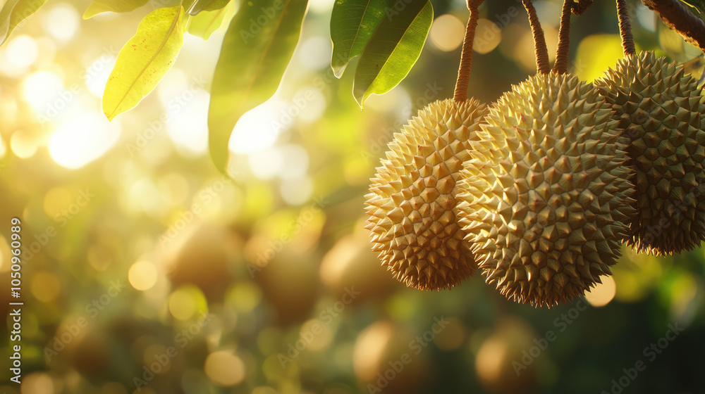 Three large, yellow fruits with a lot of spikes on them. The fruit is hanging from a tree branch