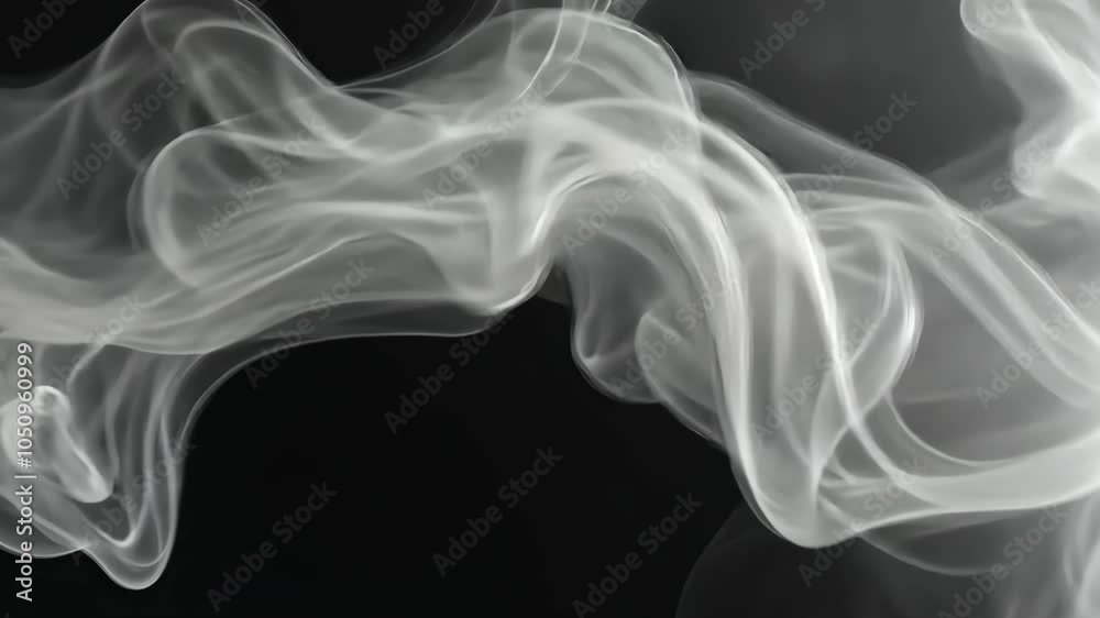 White smoke curls and swirls against a black background, creating an abstract design White smoke curls and swirls against a black background, creating an abstract design