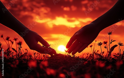 Lifelong hands carefully planting seeds in fertile soil during a stunning sunset, intricate details and warm hues, ideal for nature photography and gardening illustrations photo