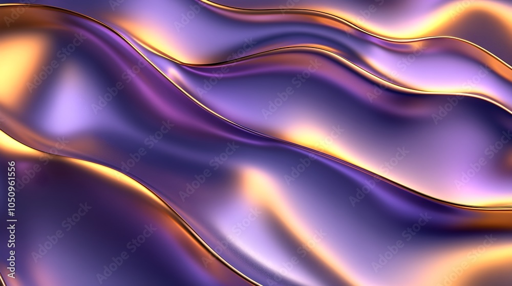Fototapeta premium Wavy gold and purple metallic forms, fluid movement, smooth surfaces, reflective 3D finish, futuristic and luxury vibe, soft ambient lighting
