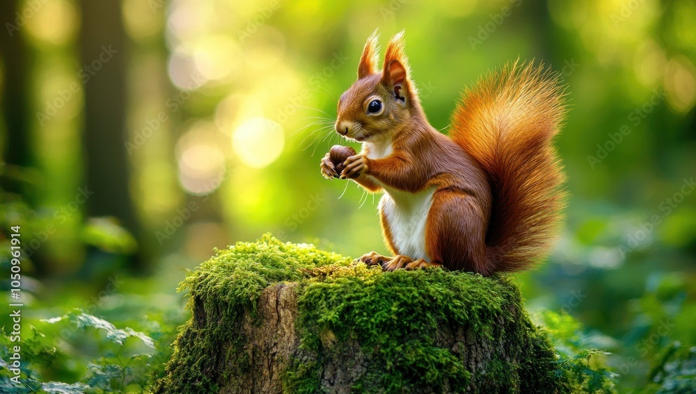 Obraz premium Red Squirrel Eating a Nut on a Tree Stump