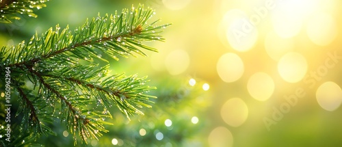 Beautifully detailed pine branch with sparkling dewdrops in bright morning sunlight, ideal for naturethemed marketing materials and photography photo