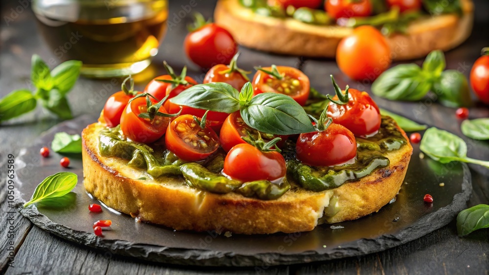 Vertical composition of friselle garnished with pesto, cherry tomatoes, olive oil, herb topping, and balsamic vinegar glaze Vertical composition of friselle garnished with pesto, cherry tomatoes, olive oil, herb topping, and balsamic vinegar glaze