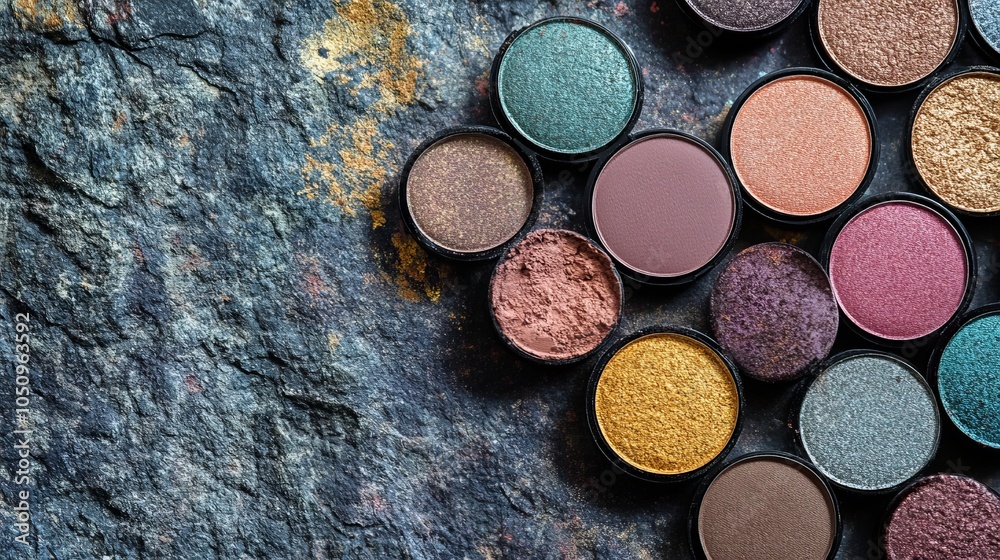Crushed eyeshadow pans in muted earth tones, scattered on rough stone surface, natural mineral makeup concept, eco-friendly beauty aesthetics Crushed eyeshadow pans in muted earth tones, scattered on rough stone surface, natural mineral makeup concept, eco-friendly beauty aesthetics