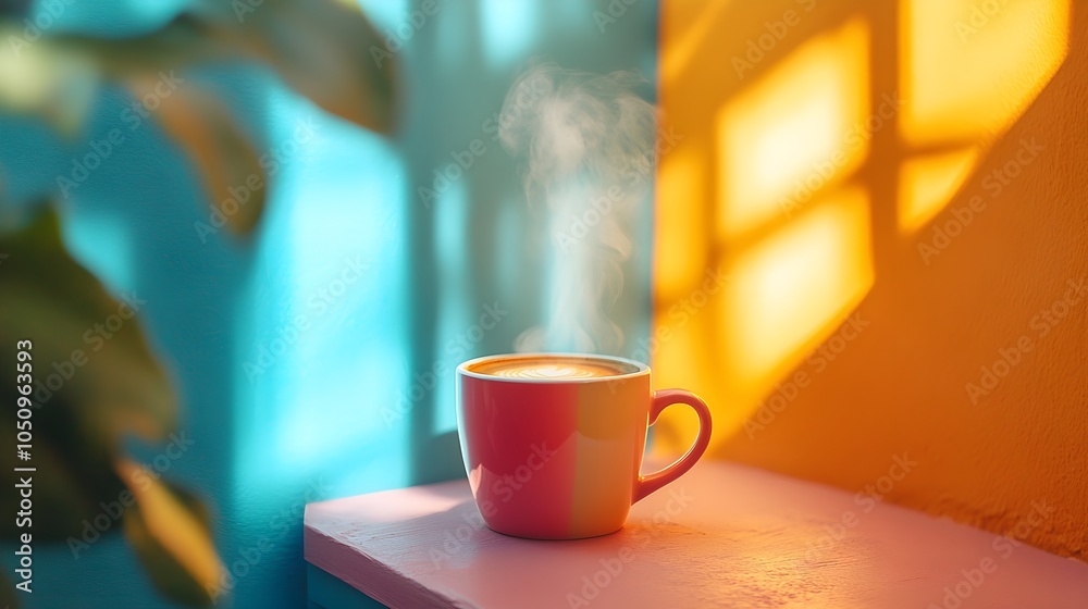 Minimalist coffee cup against bright geometric background, steam rising, perfect morning coffee concept with vibrant energy Minimalist coffee cup against bright geometric background, steam rising, perfect morning coffee concept with vibrant energy