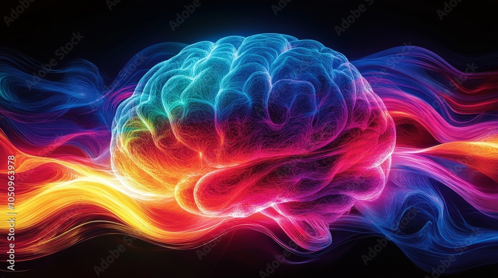 Detailed illustration of a brain surrounded by fractal light patterns, focusing on cognitive assessment and improving learning capabilities Detailed illustration of a brain surrounded by fractal light patterns, focusing on cognitive assessment and improving learning capabilities