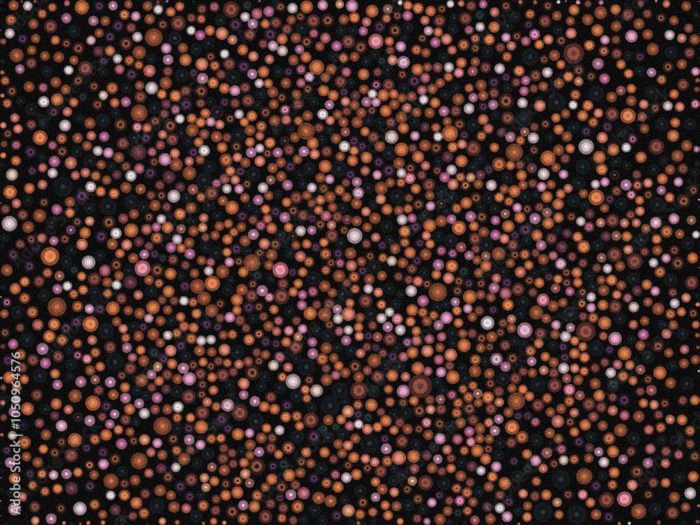 A black background is covered with a random pattern of small, colorful circles in shades of orange, pink, and white. A black background is covered with a random pattern of small, colorful circles in shades of orange, pink, and white.