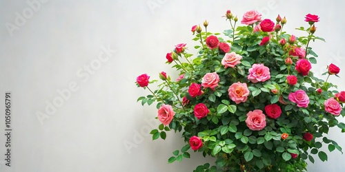 Vertical pattern rose bush with leaves on light background