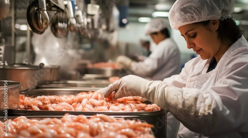 Seafood Processing: A Woman's Hands Sorting Shrimp photo